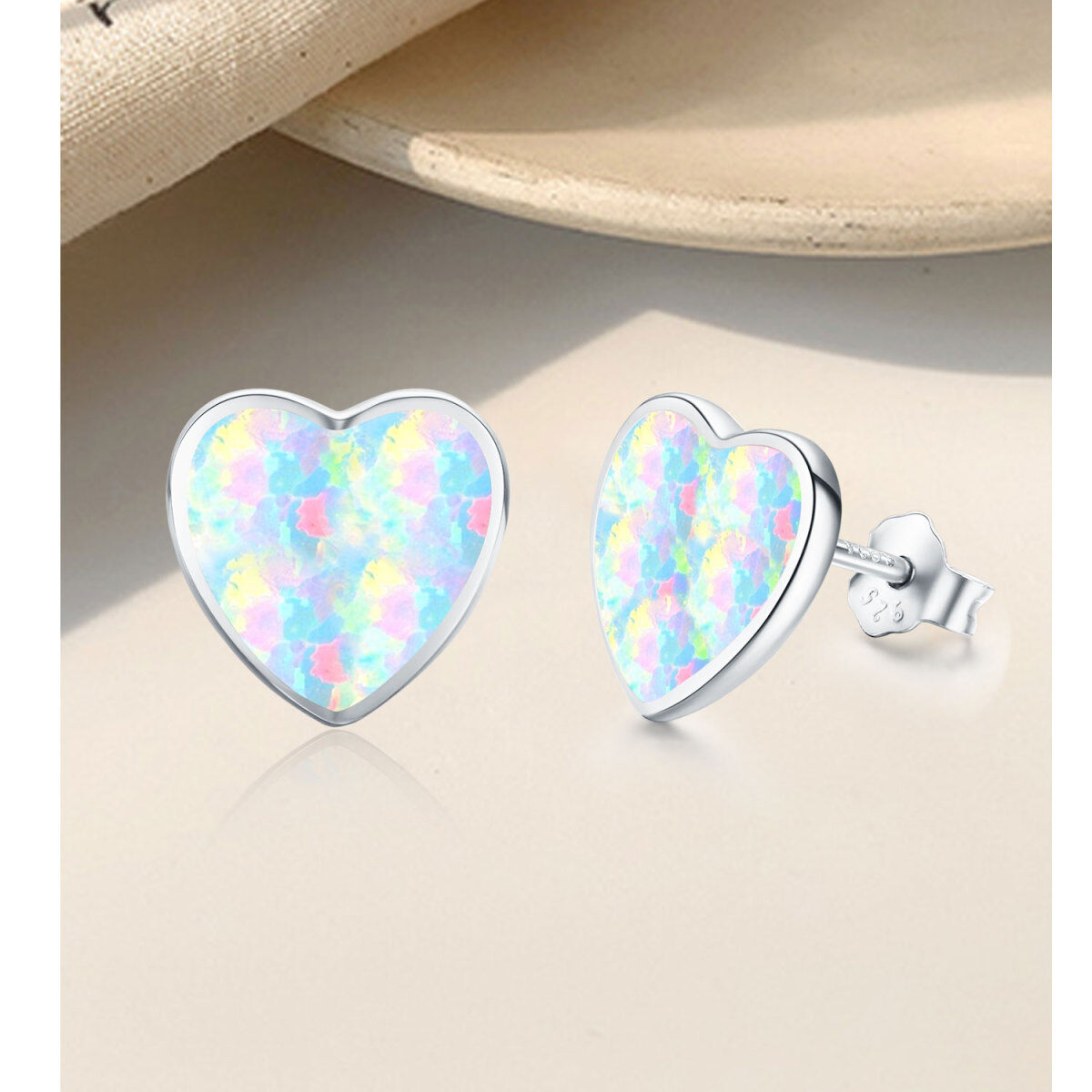 Sterling Silver Opal Heart Stud Earrings-4