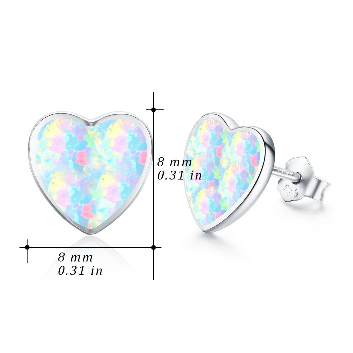 Sterling Silver Opal Heart Stud Earrings-5