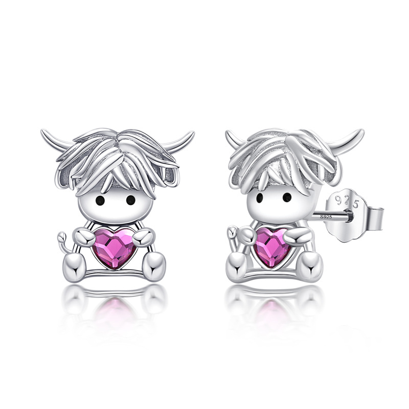 Orecchini a bottone in argento sterling con cristalli e mucca delle Highlands-10