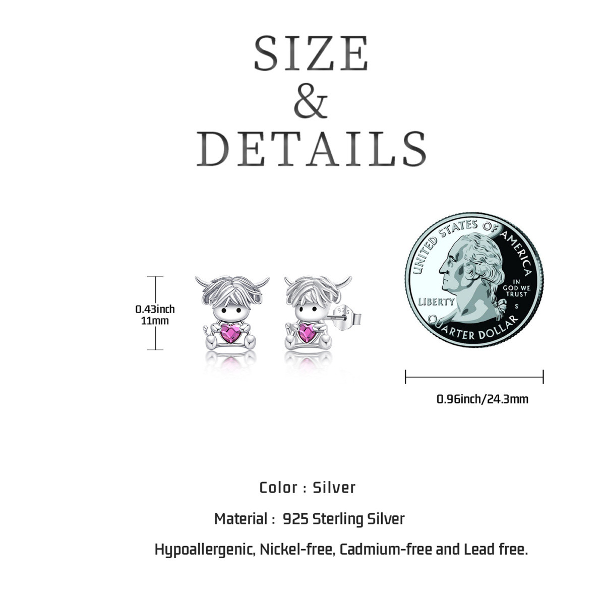 Sterling Silver Crystal Highland Cow Stud Earrings-7