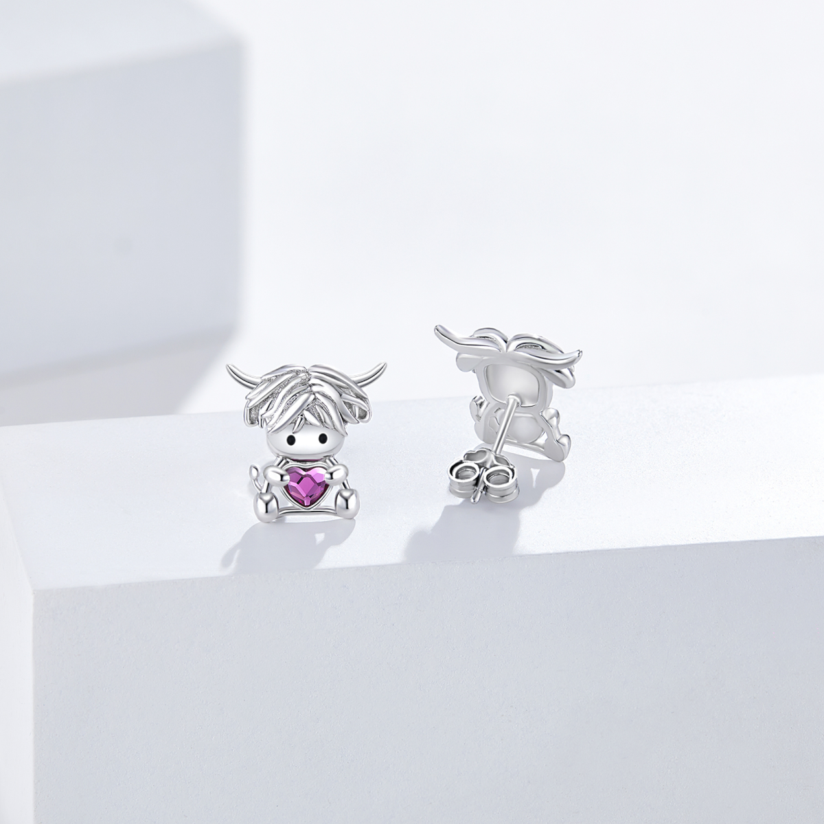 Sterling Silver Crystal Highland Cow Stud Earrings-4