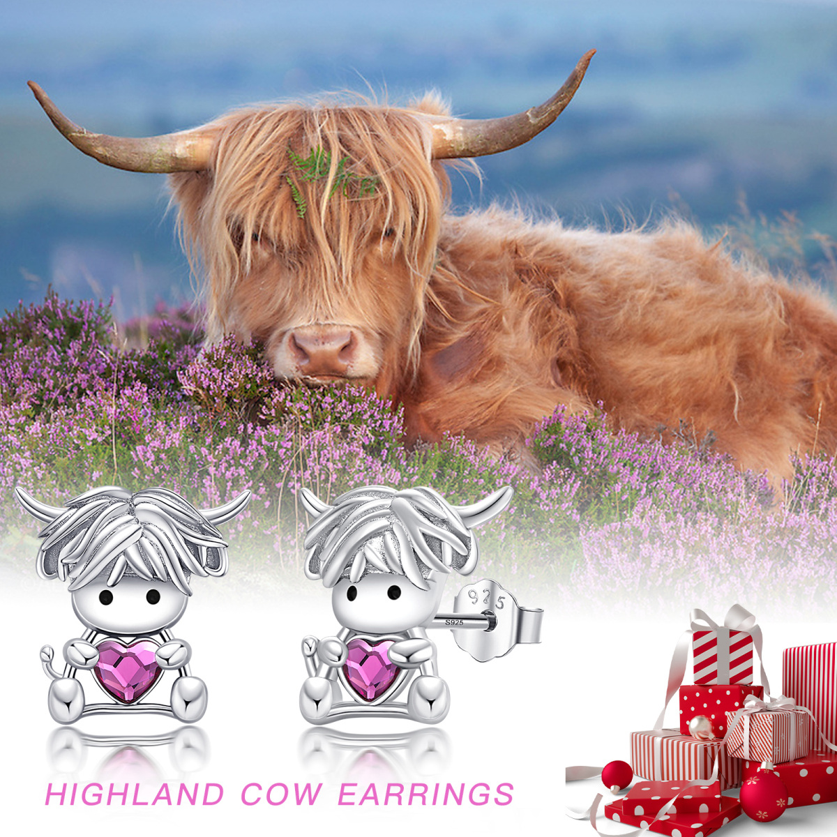 Sterling Silver Crystal Highland Cow Stud Earrings-5