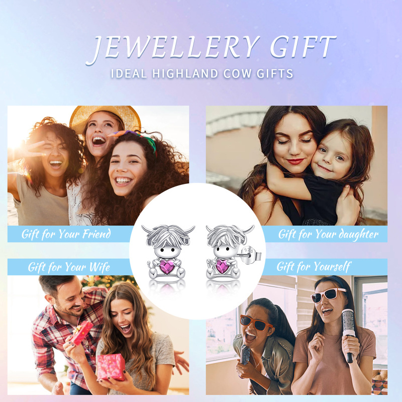 Pendientes de plata de ley con forma de vaca de las Tierras Altas y cristales-6