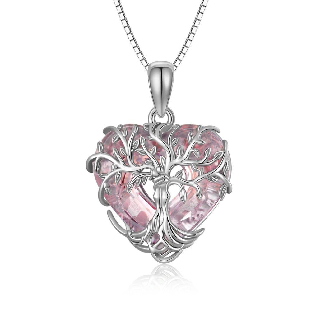 Collar con colgante de corazón de cristal rosa y árbol de la vida en plata de ley para mujer-1
