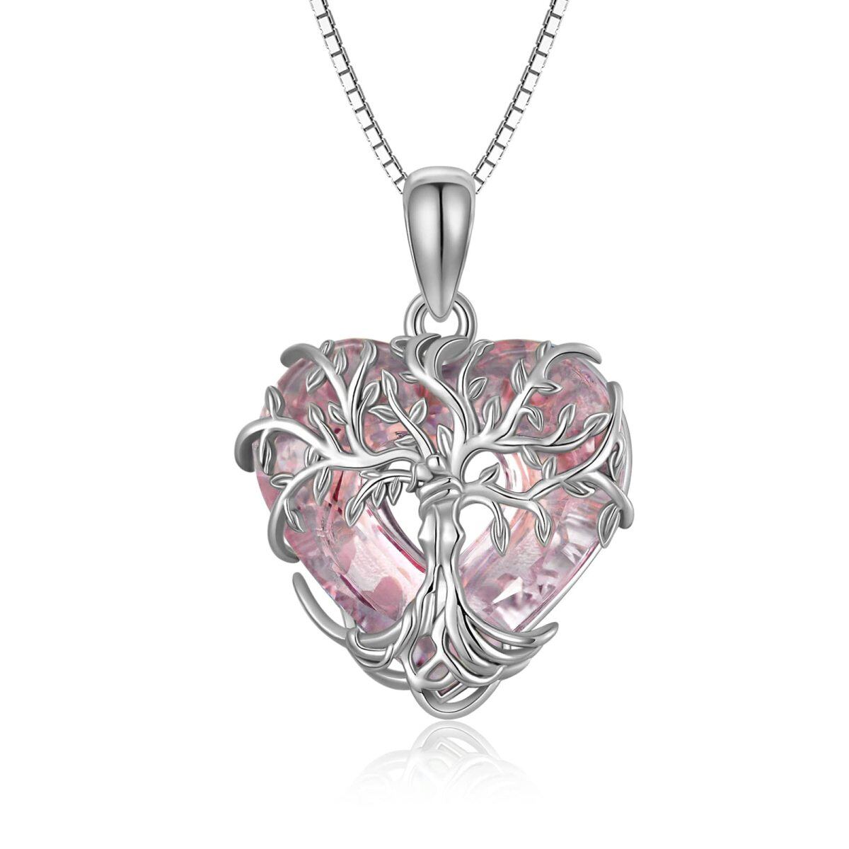 Sterling Silver Tree Of Life Pink Heart Crystal Pendant Necklace for Women-1