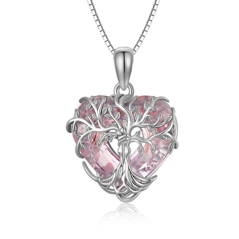 Sterling Silver Tree Of Life Pink Heart Crystal Pendant Necklace for Women-8