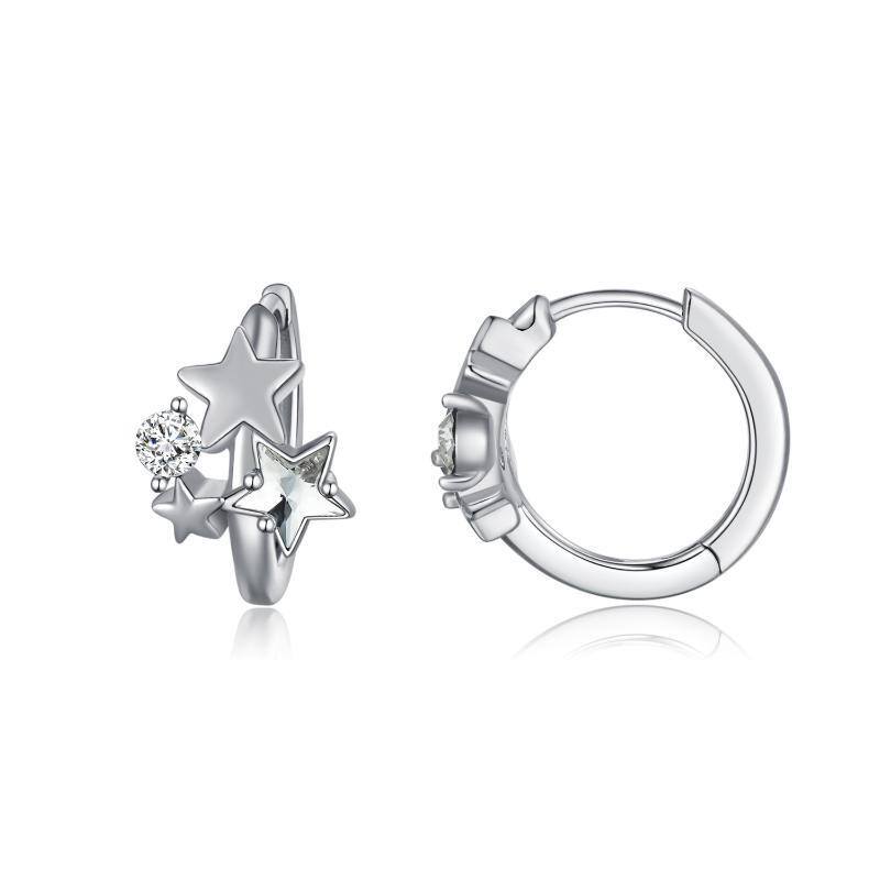 Sterling Silver Crystal Star Hoop Earrings-1