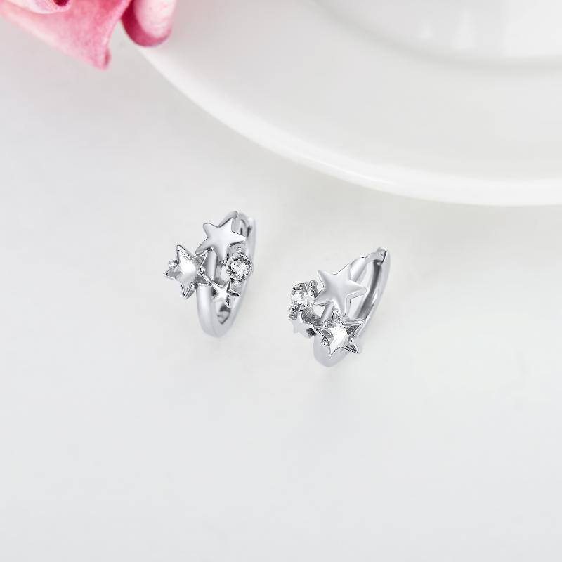 Sterling Silver Crystal Star Hoop Earrings-3