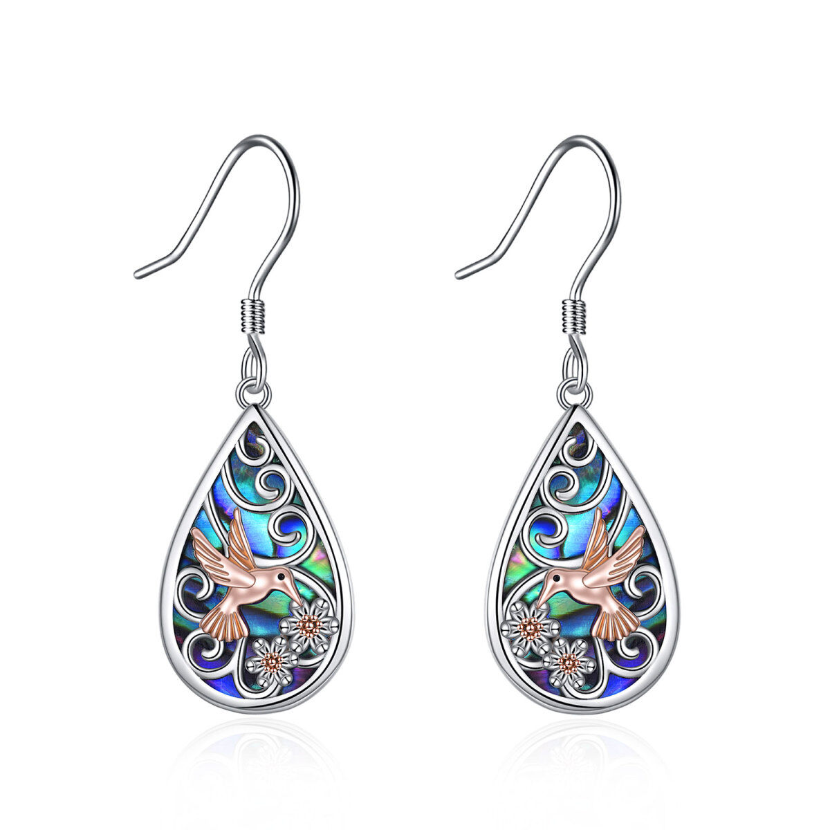 Sterling Silver Two-tone Abalone Shellfish Hummingbird Drop Earrings-1