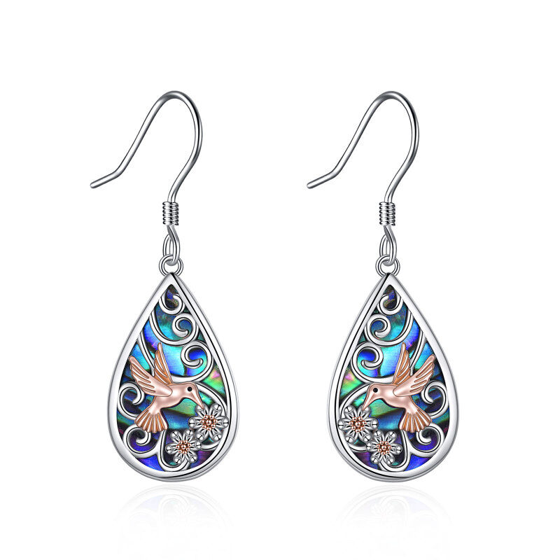 Boucles d'oreilles pendantes en argent sterling bicolore en forme de coquillage d'ormeau et de colibri