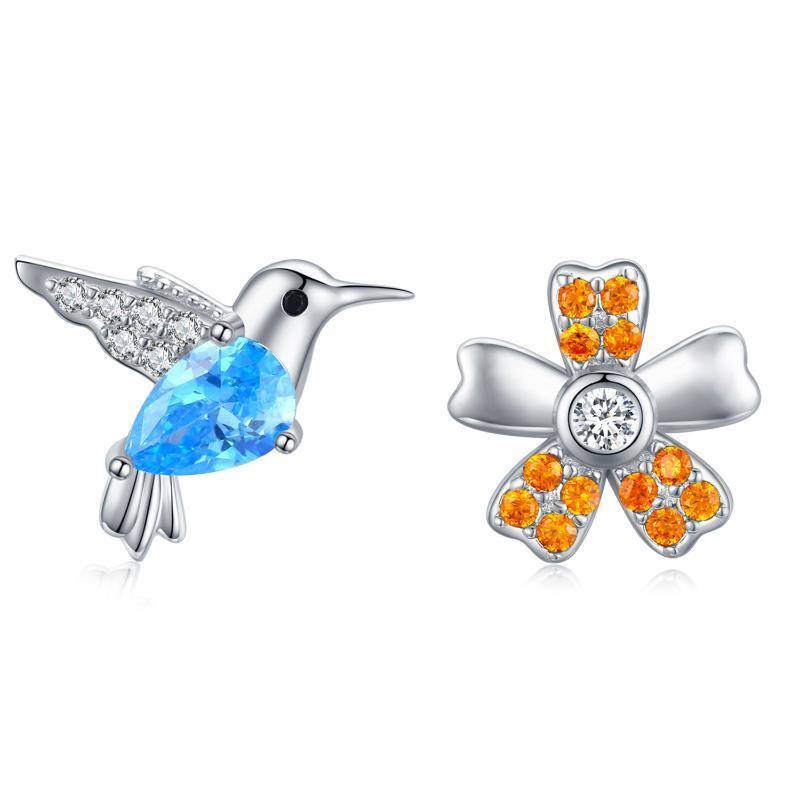 Sterling Silver Cubic Zirconia Hummingbird & Daisy Stud Earrings-1