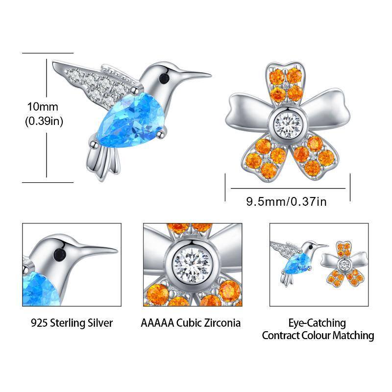 Sterling Silver Cubic Zirconia Hummingbird & Daisy Stud Earrings-4