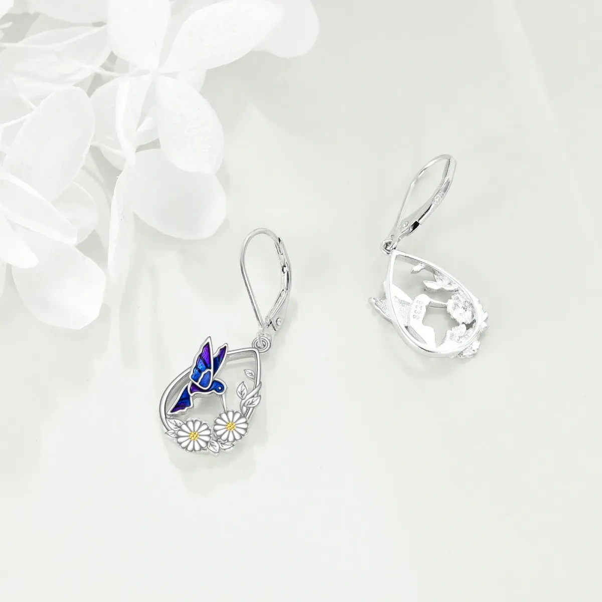Kolibri-Tropfenohrringe mit Gänseblümchen aus 925er Sterlingsilber, Geschenke für Frauen zum Muttertag-3