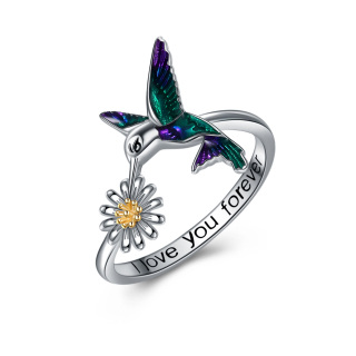 Sterling Silver Two-tone Hummingbird & Daisy Ring with Engraved Word-42