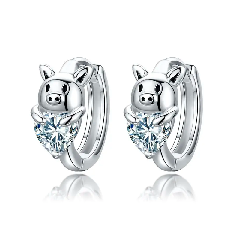 Boucles d'oreilles créoles en argent sterling avec cœur et zircone cubique en forme de cochon-1