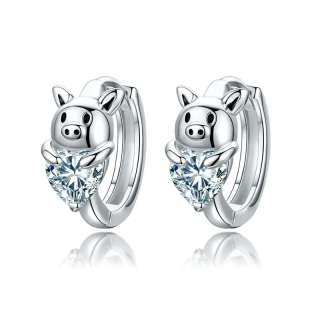 Sterling Silver Heart Cubic Zirconia Pig Hoop Earrings-54