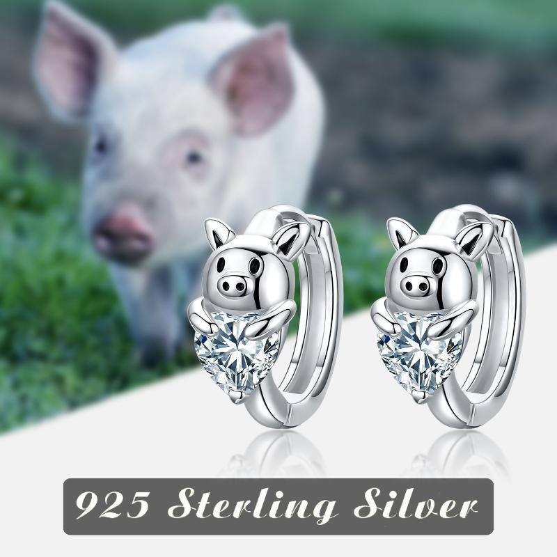 Sterling Silver Heart Cubic Zirconia Pig Hoop Earrings-7