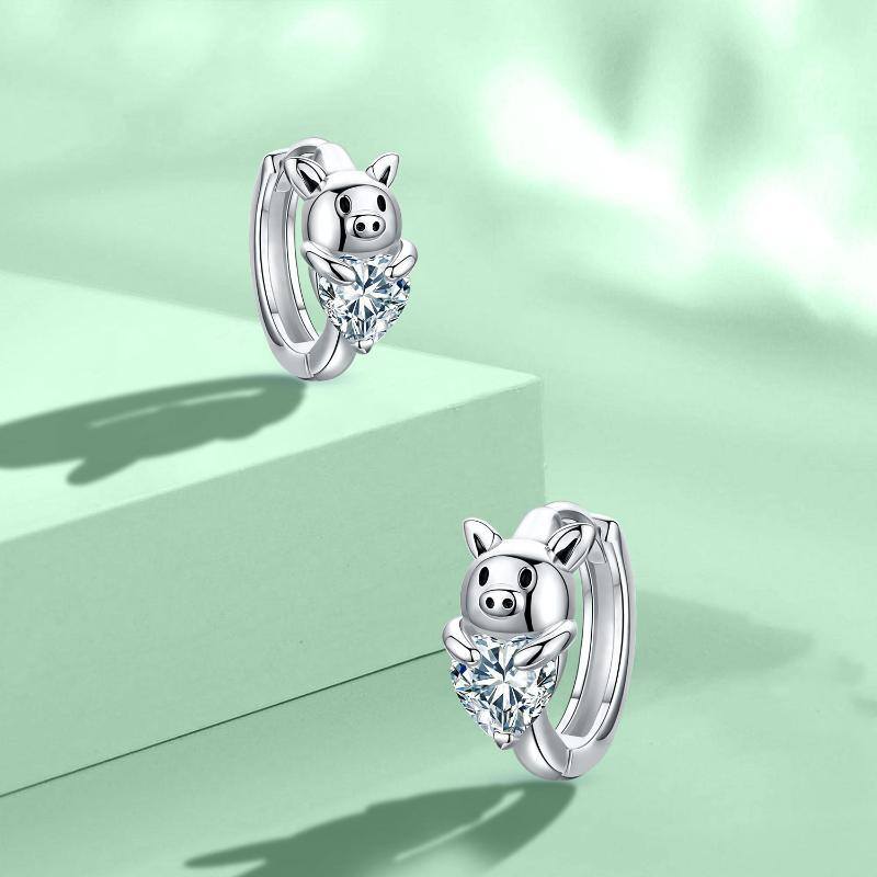 Sterling Silver Heart Cubic Zirconia Pig Hoop Earrings-4