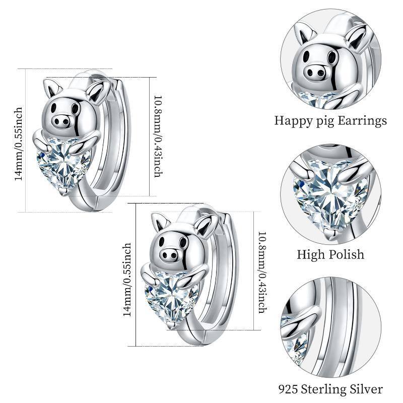Sterling Silver Heart Cubic Zirconia Pig Hoop Earrings-5
