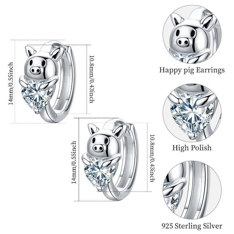 Boucles d'oreilles créoles en argent sterling avec cœur et zircone cubique en forme de cochon-5