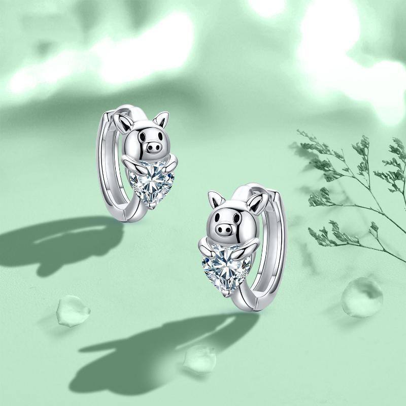 Pendientes de aro con forma de cerdo y circonita cúbica en forma de corazón en plata de ley-6