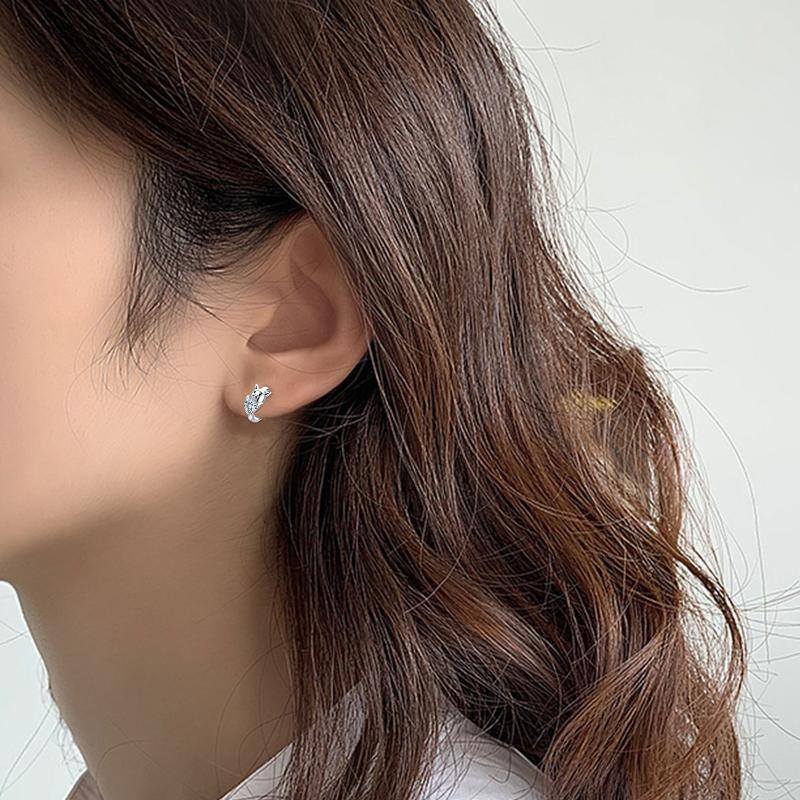 Sterling Silver Heart Cubic Zirconia Pig Hoop Earrings-3