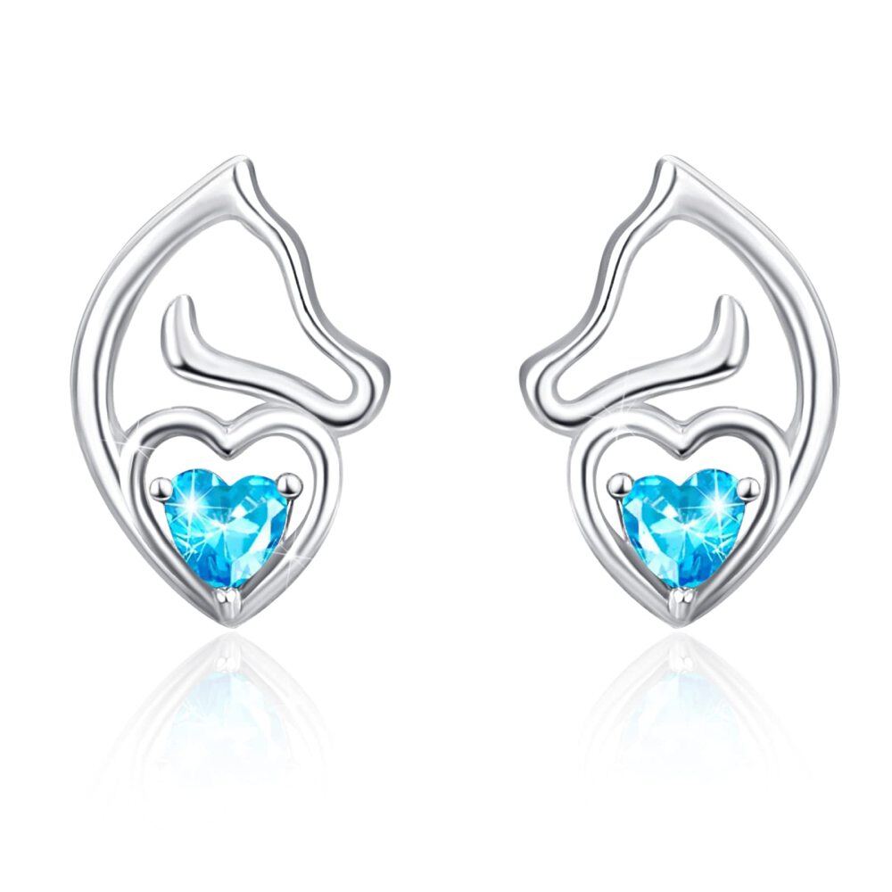Sterling Silver Cubic Zirconia Horse & Heart Stud Earrings-1