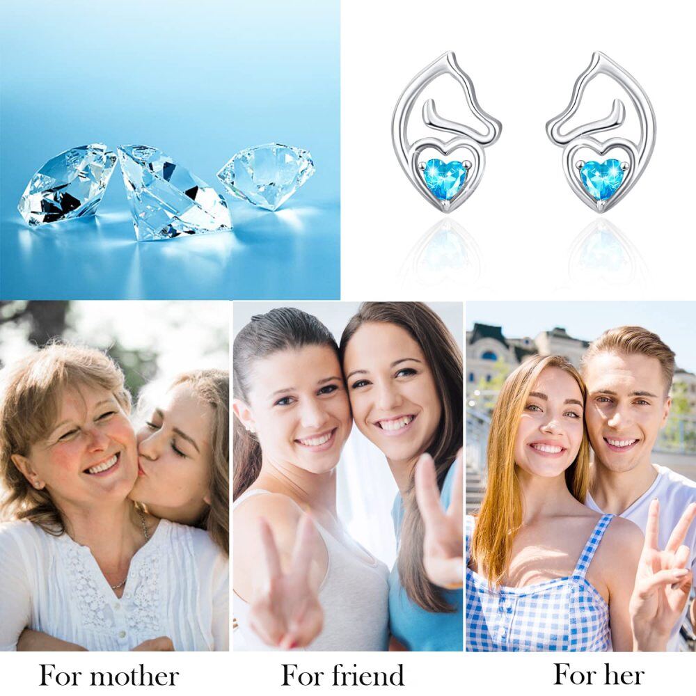 Sterling Silver Cubic Zirconia Horse & Heart Stud Earrings-7