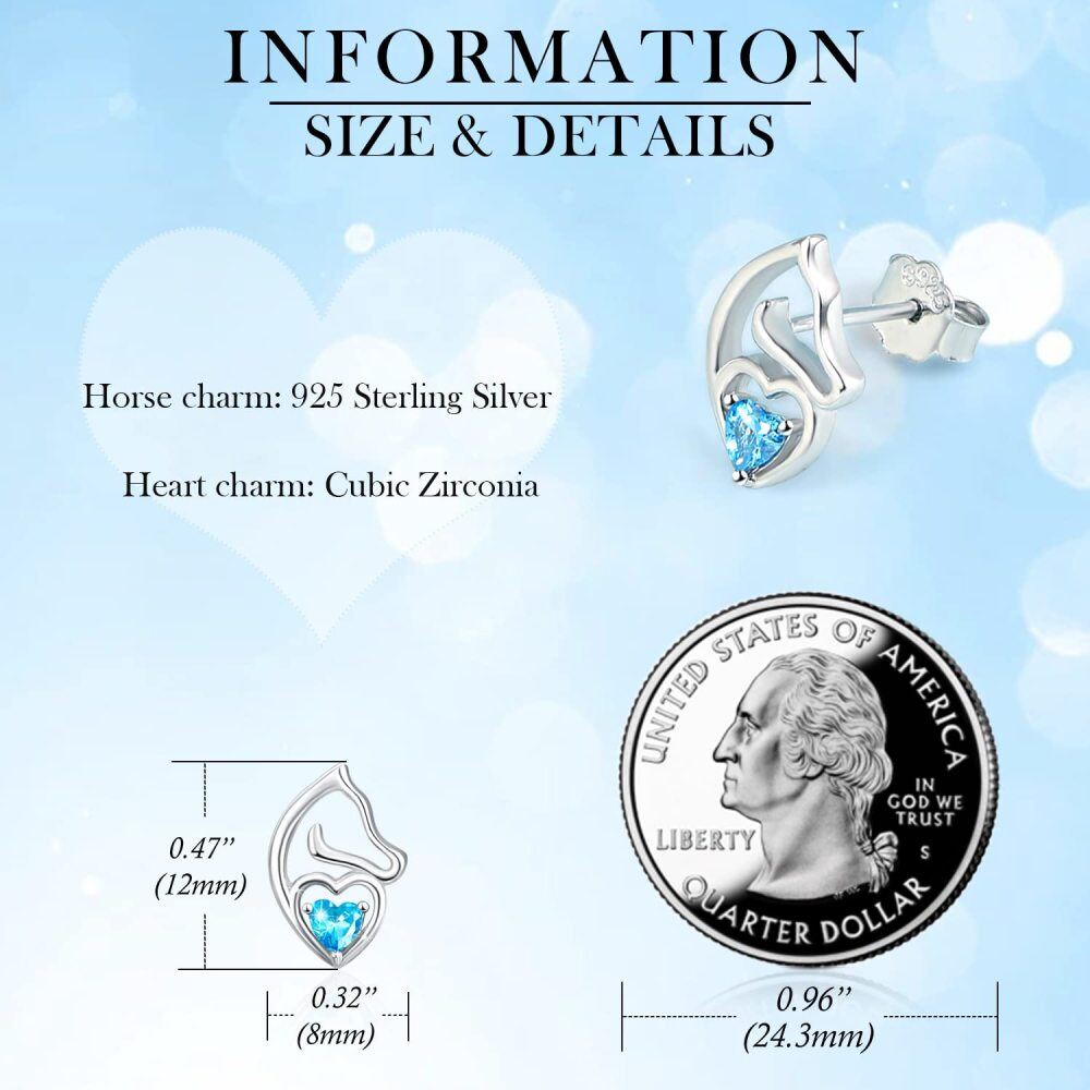 Sterling Silver Cubic Zirconia Horse & Heart Stud Earrings-6