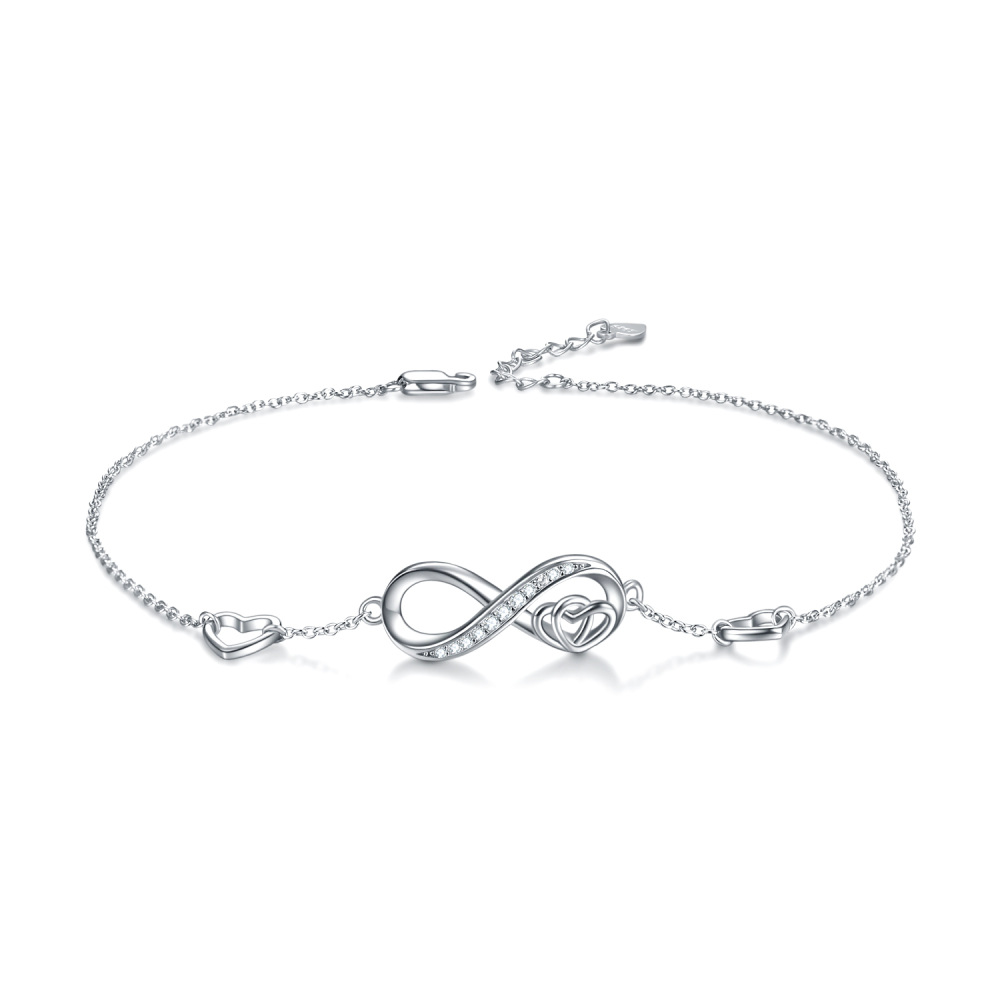 Infinity Symbol Heart White Gold Plated Sterling Silver Zircon Anklet for Women-6