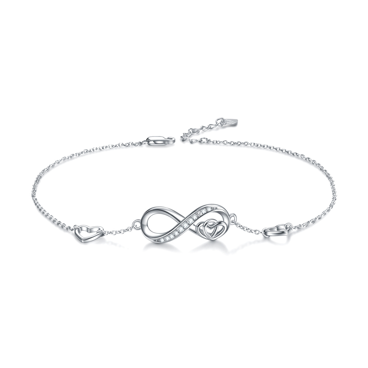 Tobillera de plata de ley con circonita y símbolo de infinito en forma de corazón, bañada en oro blanco, para mujer-6