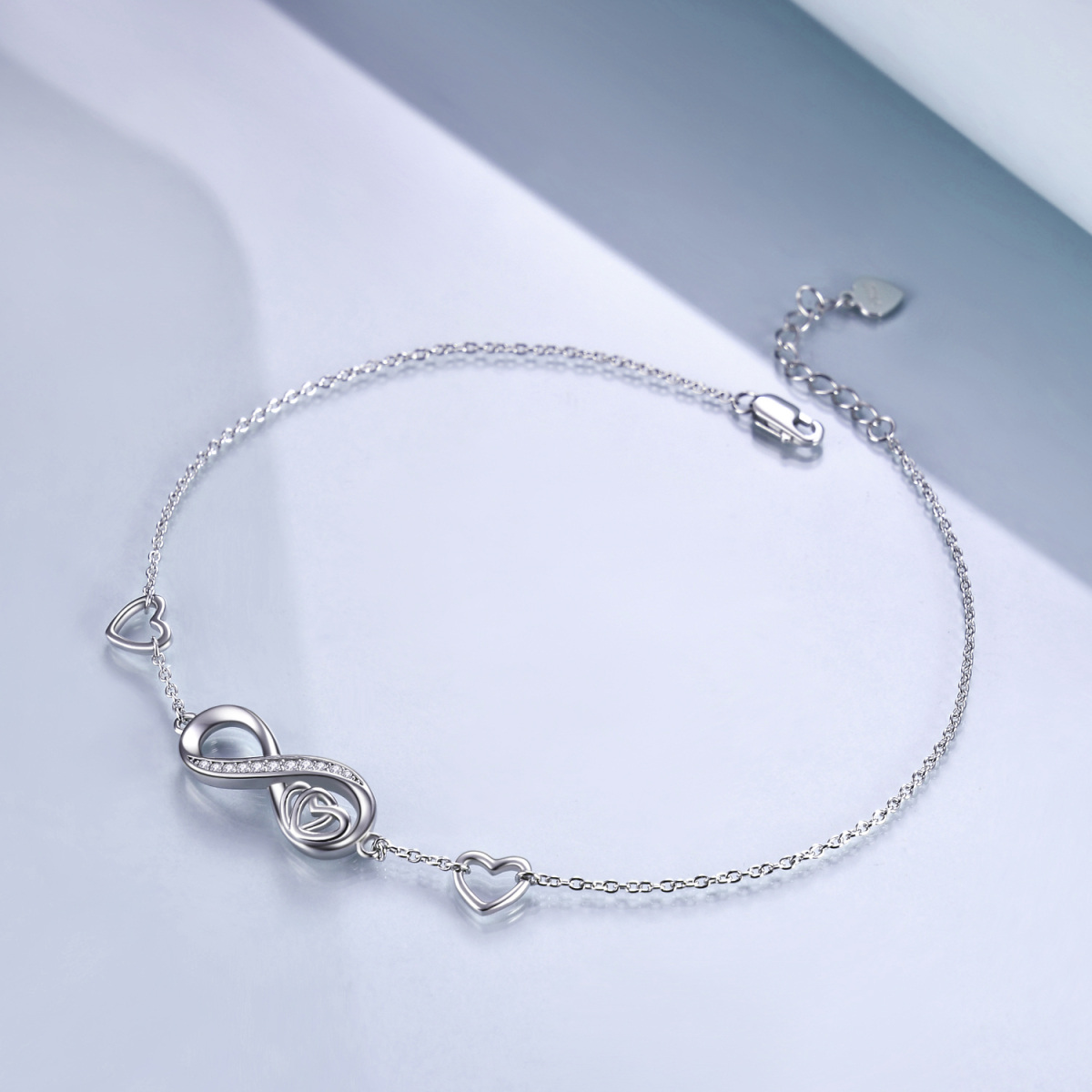 Tobillera de plata de ley con circonita y símbolo de infinito en forma de corazón, bañada en oro blanco, para mujer-8