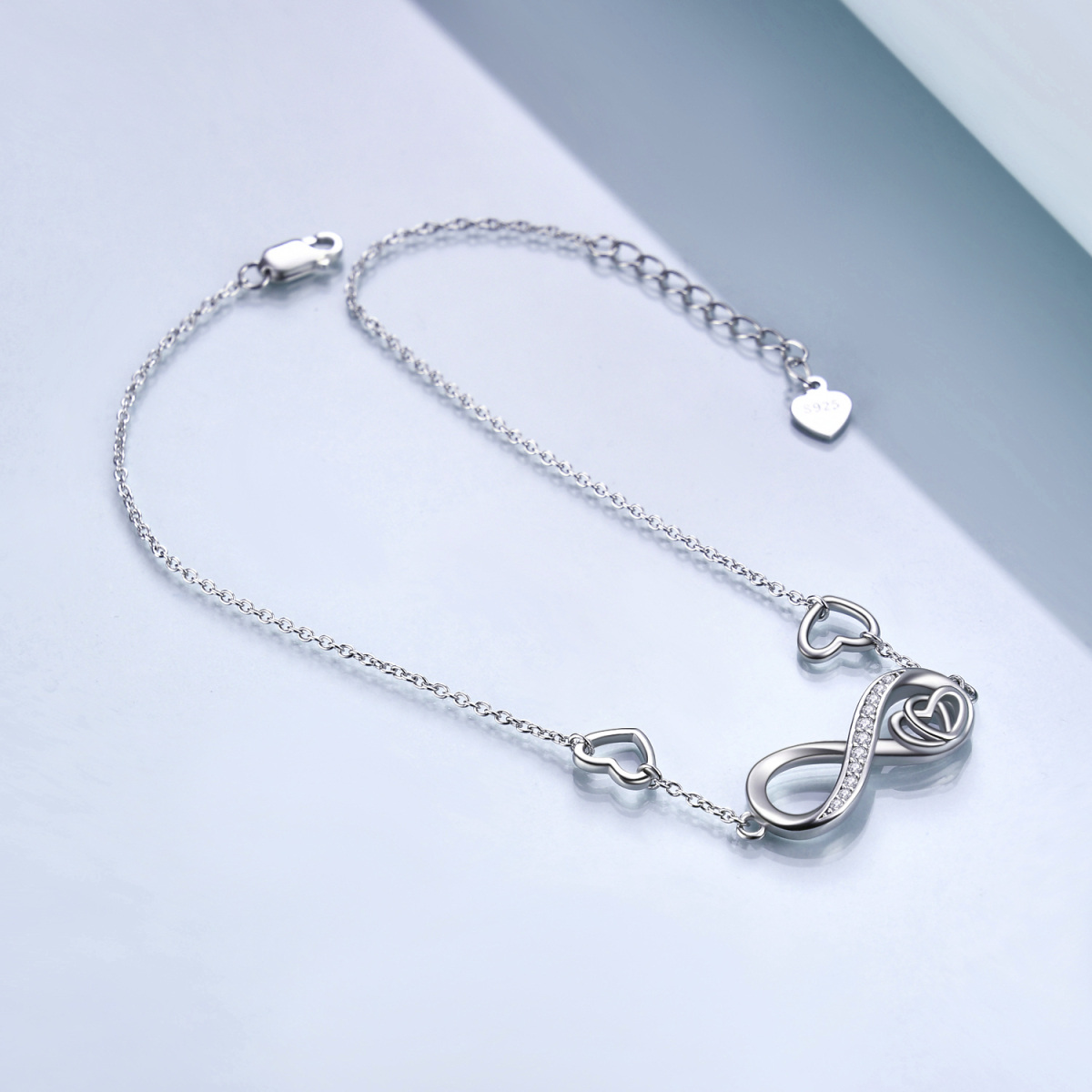 Tobillera de plata de ley con circonita y símbolo de infinito en forma de corazón, bañada en oro blanco, para mujer-9