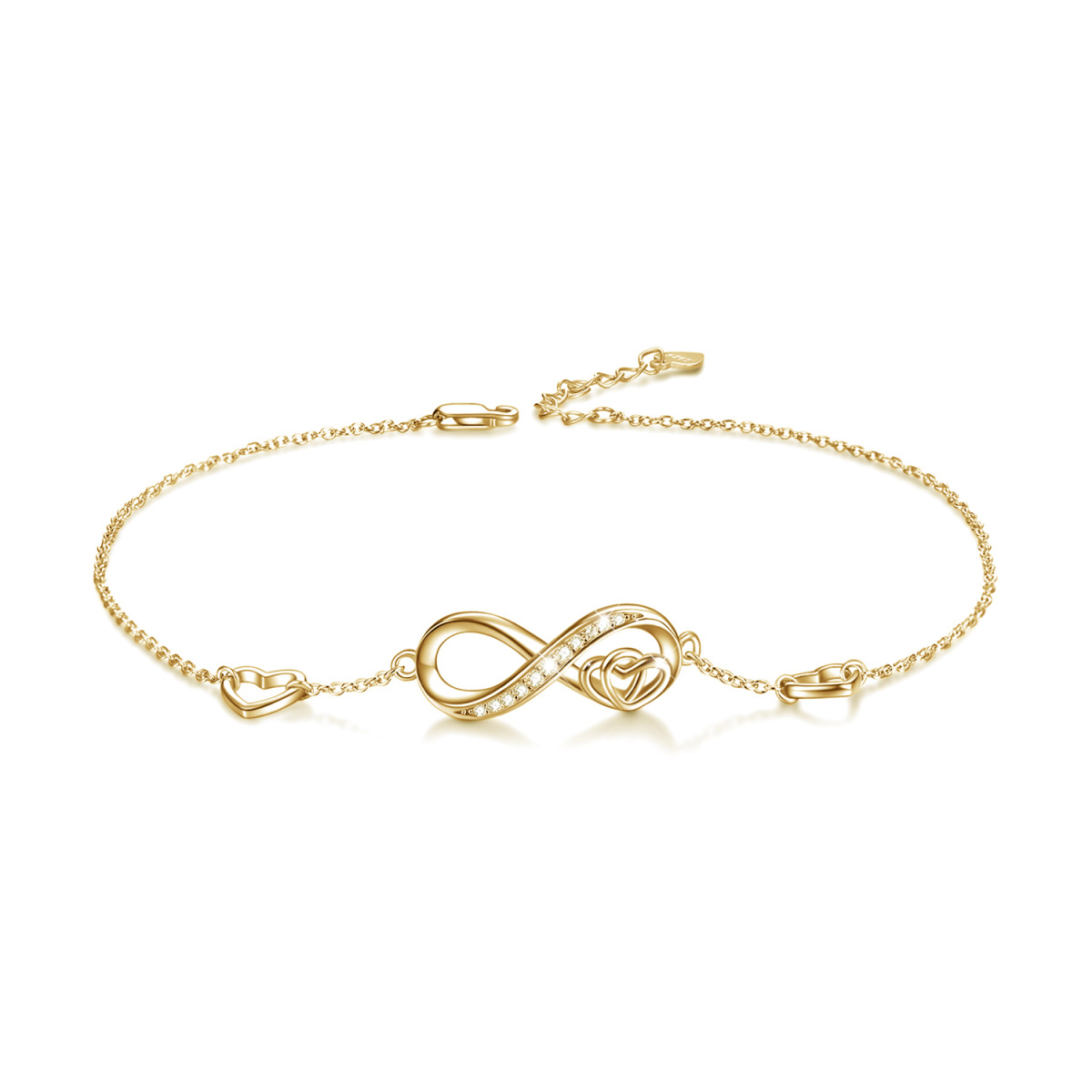 Tobillera de plata de ley con circonita y símbolo de infinito en forma de corazón, bañada en oro blanco, para mujer-11