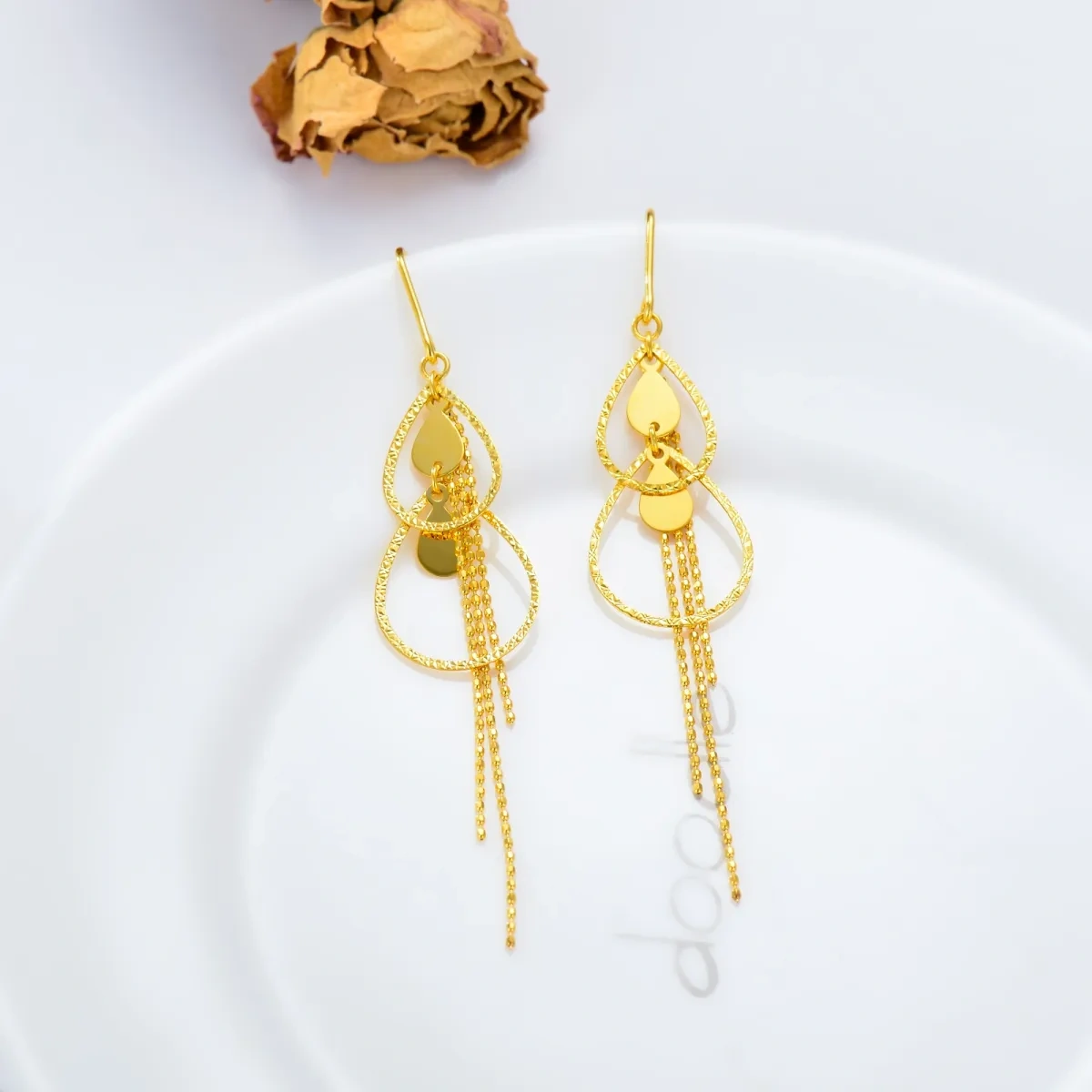 10K Gold Oval Shaped Drop Earrings-3