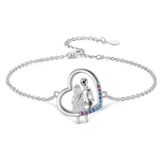 Pulsera de plata de ley con colgante de calavera y corazón de circonita cúbica