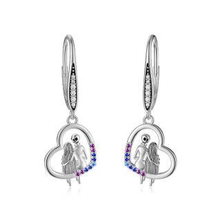 Sterling Silver Round Cubic Zirconia Heart & Skull Lever-back Earrings-4