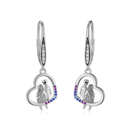 Sterling Silver Round Cubic Zirconia Heart & Skull Lever-back Earrings