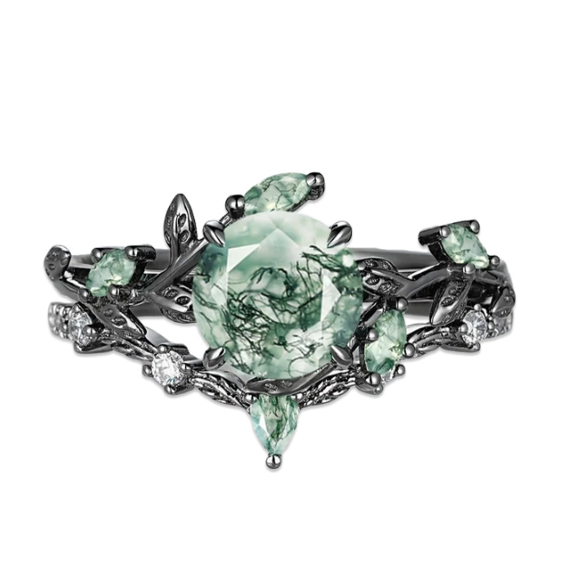 Anel de noivado em prata esterlina com folhas de hera e ágata musgo banhada a preto-4