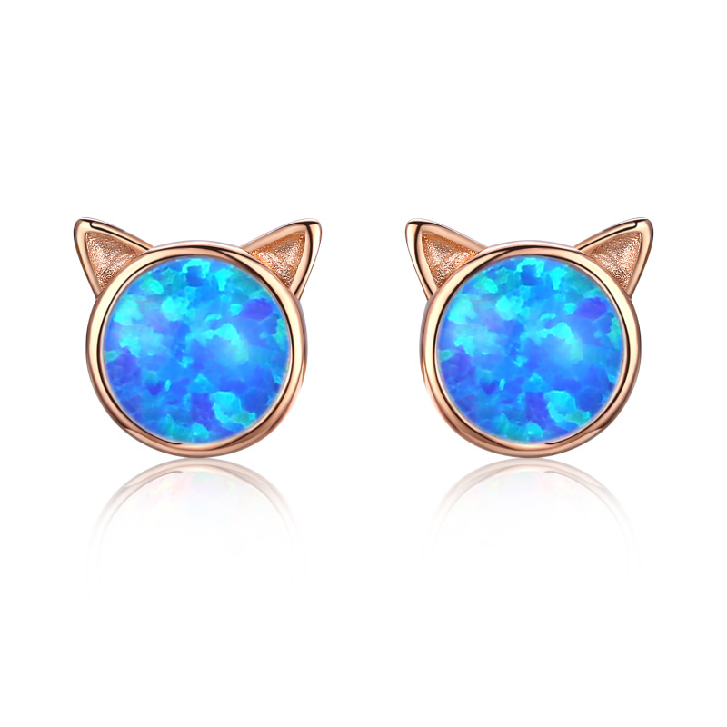 Sterling Silver with Rose Gold Plated Opal Cat Stud Earrings-15