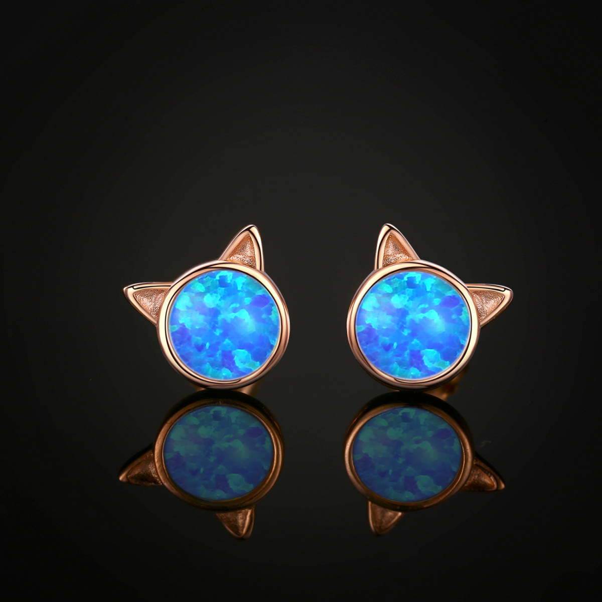 Sterling Silver with Rose Gold Plated Opal Cat Stud Earrings-2