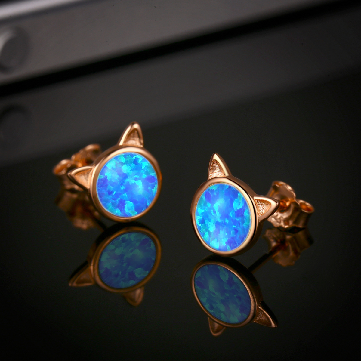 Sterling Silver with Rose Gold Plated Opal Cat Stud Earrings-3