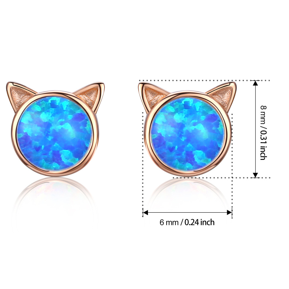 Orecchini a bottone in argento sterling con gatto in opale placcato oro rosa-4