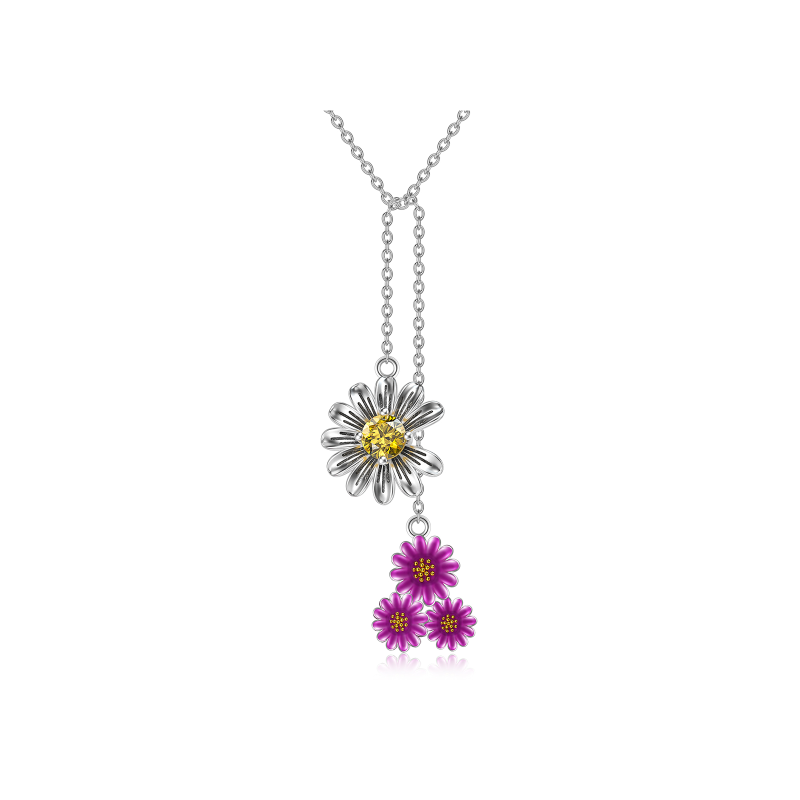 Sterling Silver Crystal Sunflower & Daisy Pendant Necklace-5