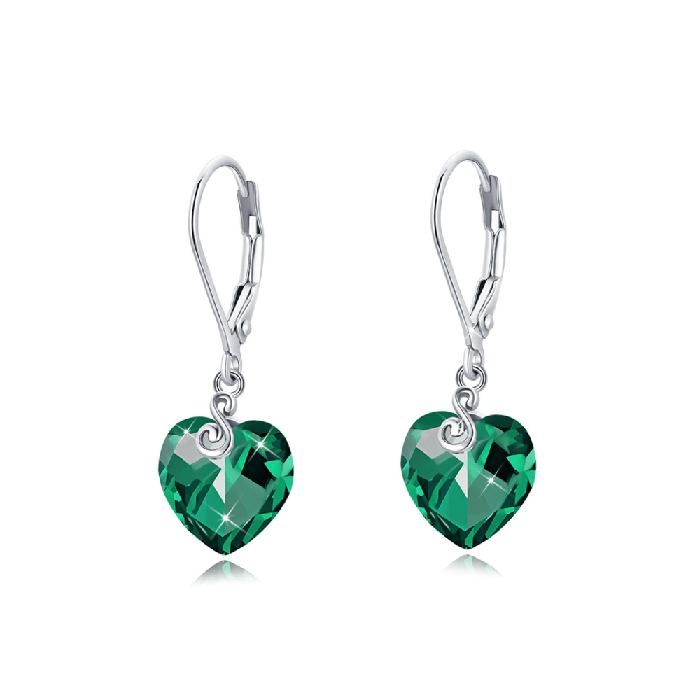 Sterling Silver Green Crystal Heart Lever-back Earrings for Women-1