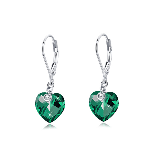 Pendientes de plata de ley con cierre de palanca en forma de corazón de cristal verde para mujer