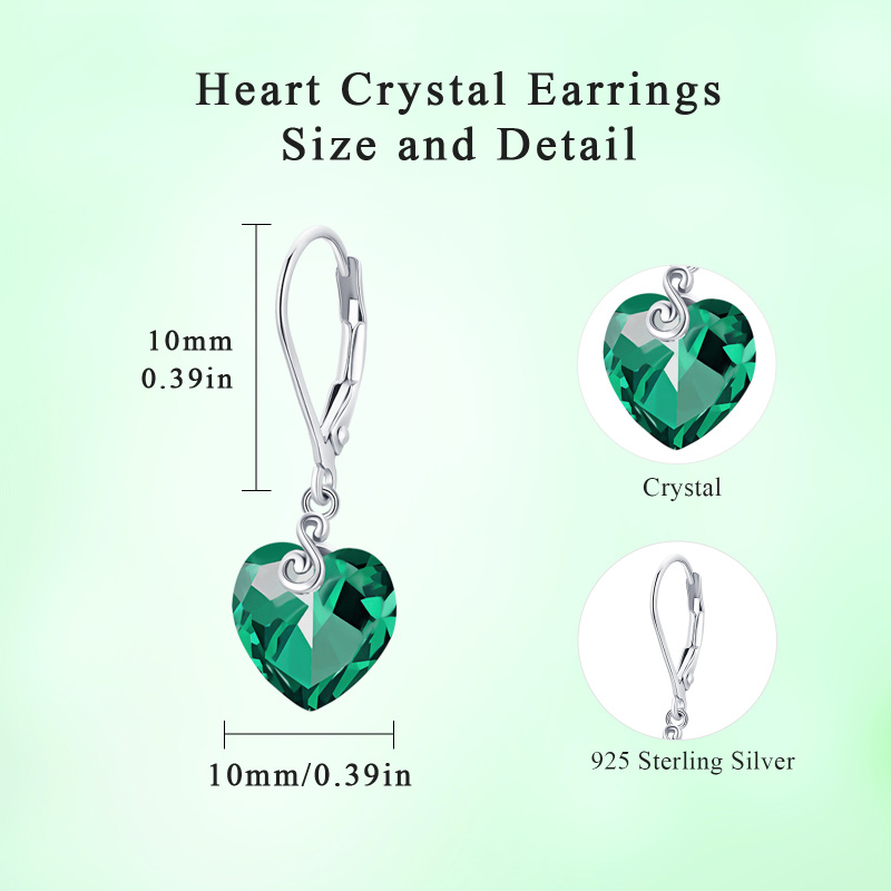 Sterling Silver Green Crystal Heart Lever-back Earrings for Women-4