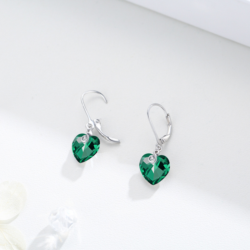 Sterling Silver Green Crystal Heart Lever-back Earrings for Women-5