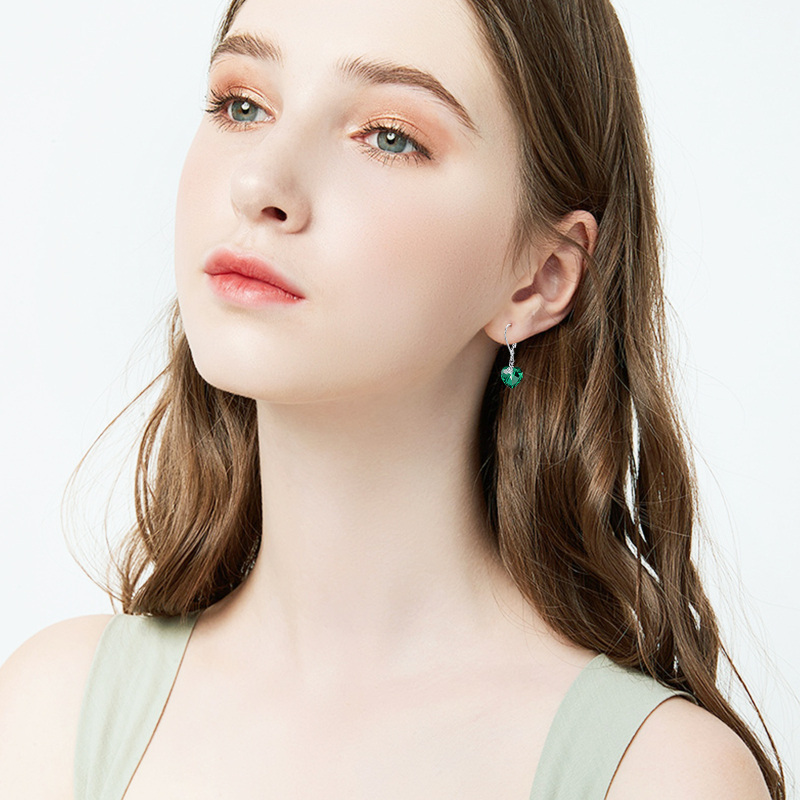 Sterling Silver Green Crystal Heart Lever-back Earrings for Women-2