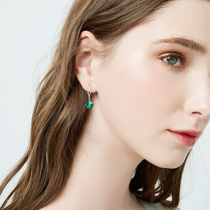 Sterling Silver Green Crystal Heart Lever-back Earrings for Women-3